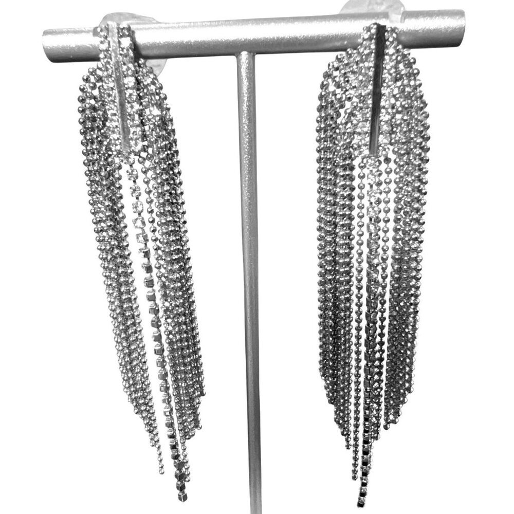 Rhinestone Fringe Earrings 4" Tassel Ball Chain Statement‎ Boho Prom Silver Tone